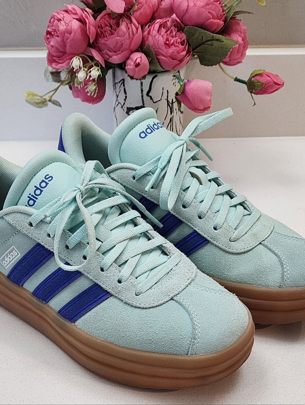 adidas Blue Suede Sneakers with Royal Blue Stripes and Gum Sole